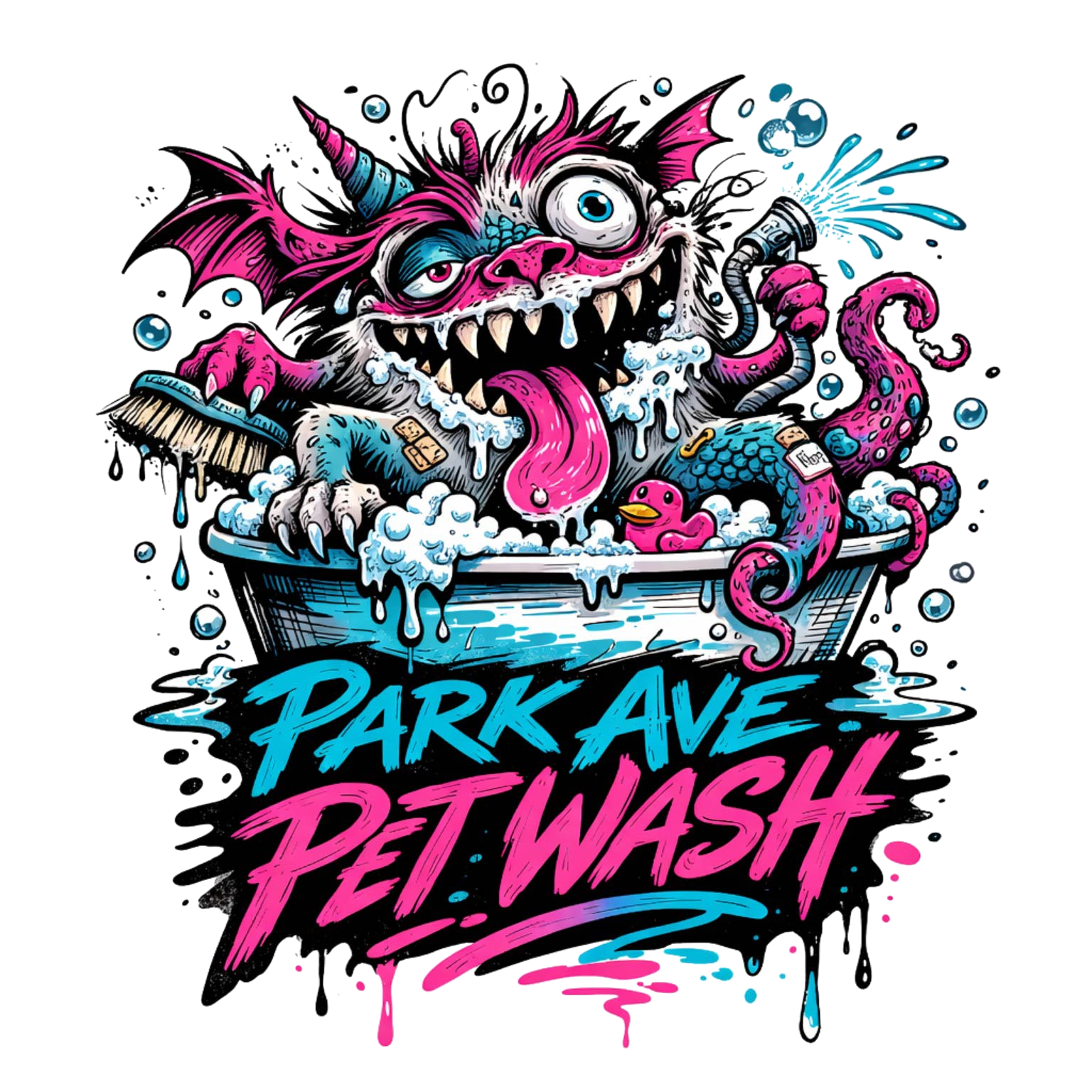 Park Ave Pet Wash’s pink and cyan monster-in-the-tub logo